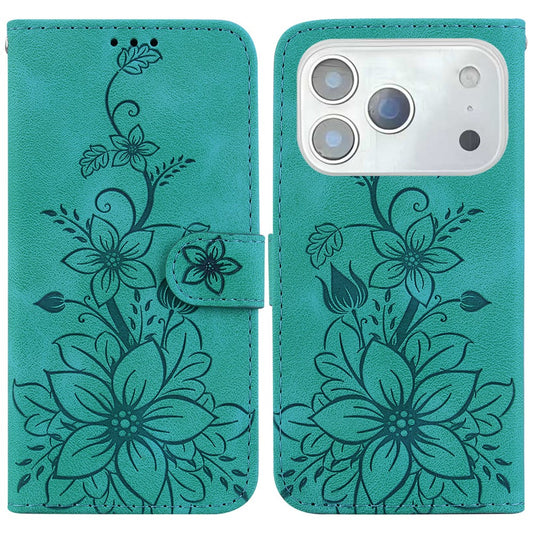 For iPhone 17 Pro Max Stand Case Lily Flower Imprint Leather Phone Cover with Wrist Strap - Green