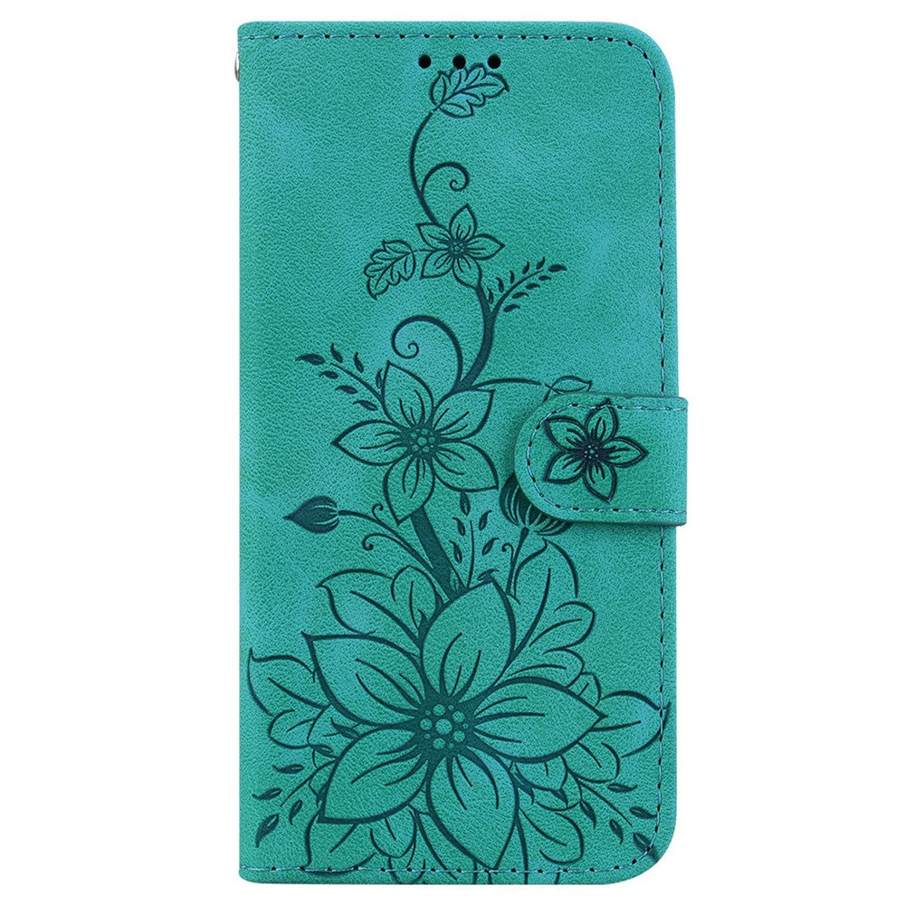 For iPhone 17 Pro Max Stand Case Lily Flower Imprint Leather Phone Cover with Wrist Strap - Green