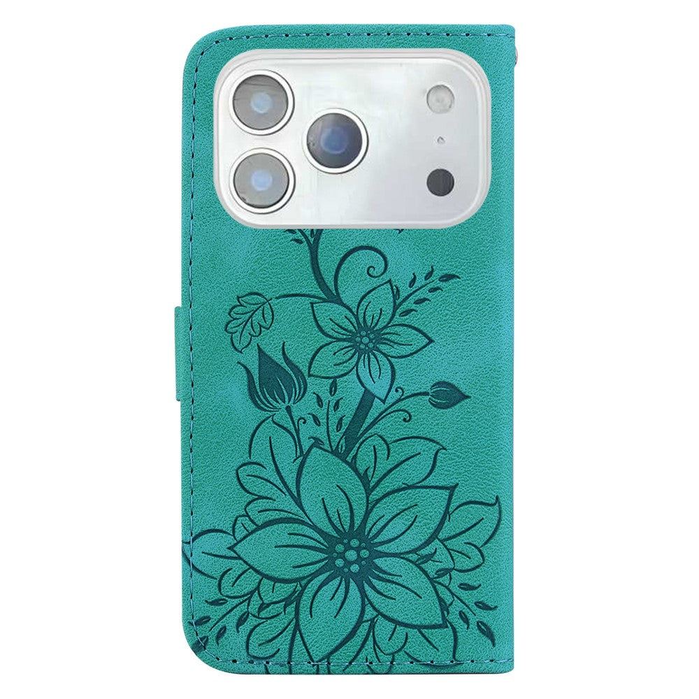 For iPhone 17 Pro Max Stand Case Lily Flower Imprint Leather Phone Cover with Wrist Strap - Green