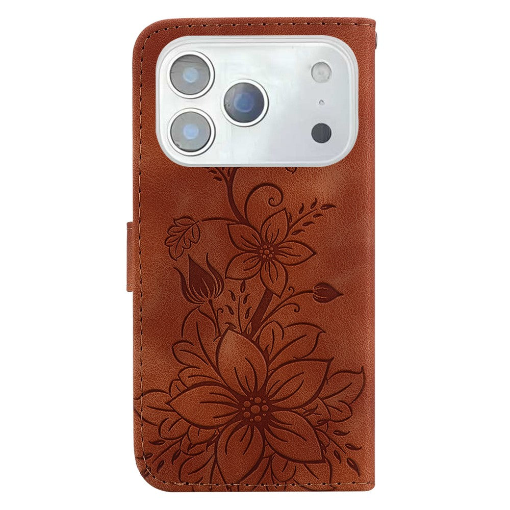 For iPhone 17 Pro Max Stand Case Lily Flower Imprint Leather Phone Cover with Wrist Strap - Brown