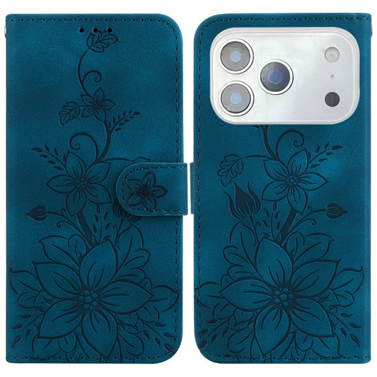 For iPhone 17 Pro Max Stand Case Lily Flower Imprint Leather Phone Cover with Wrist Strap - Dark Blue
