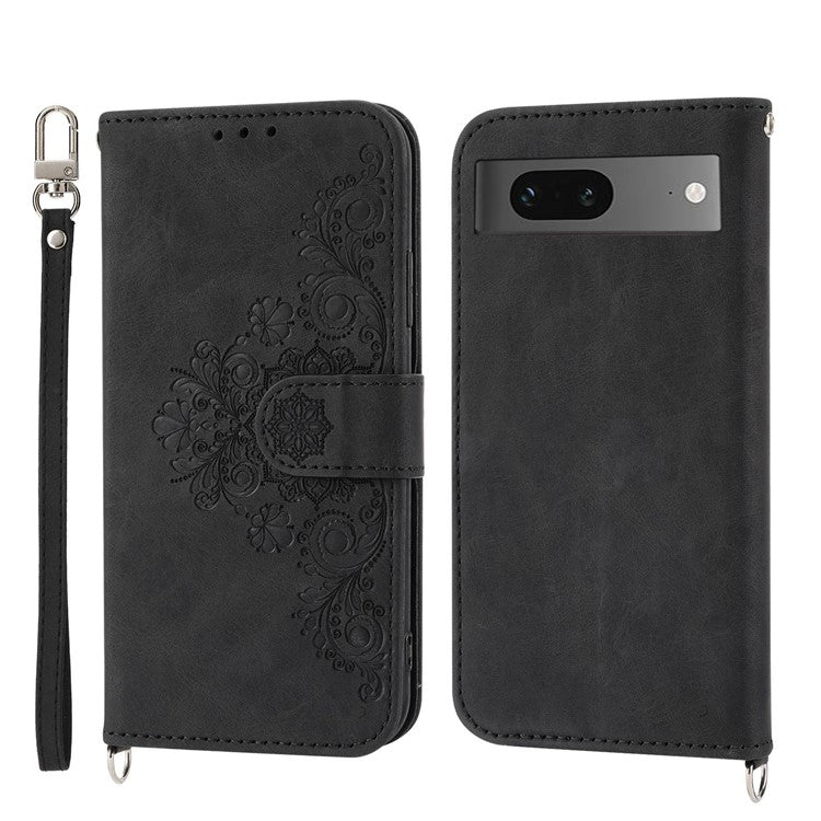 For Google Pixel 7 5G Imprinted Flowers Phone Case Skin-Touch PU Leather Stand Multiple Card Slots Wallet Cover with Wrist Strap and Shoulder Strap - Black