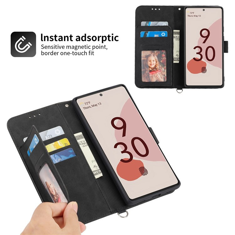 For Google Pixel 7 5G Imprinted Flowers Phone Case Skin-Touch PU Leather Stand Multiple Card Slots Wallet Cover with Wrist Strap and Shoulder Strap - Black