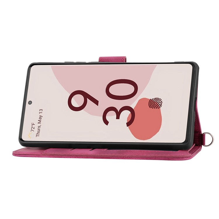 For Google Pixel 7 5G Imprinted Flowers Phone Case Skin-Touch PU Leather Stand Multiple Card Slots Wallet Cover with Wrist Strap and Shoulder Strap - Wine Red