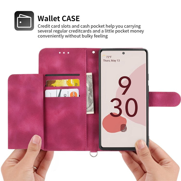 For Google Pixel 7 5G Imprinted Flowers Phone Case Skin-Touch PU Leather Stand Multiple Card Slots Wallet Cover with Wrist Strap and Shoulder Strap - Wine Red