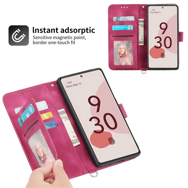 For Google Pixel 7 5G Imprinted Flowers Phone Case Skin-Touch PU Leather Stand Multiple Card Slots Wallet Cover with Wrist Strap and Shoulder Strap - Wine Red