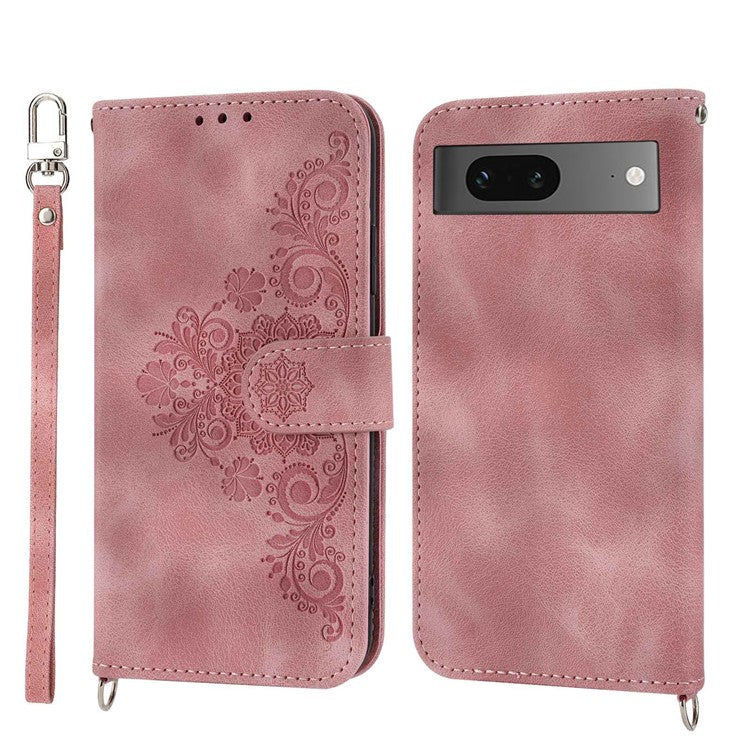 For Google Pixel 7 5G Imprinted Flowers Phone Case Skin-Touch PU Leather Stand Multiple Card Slots Wallet Cover with Wrist Strap and Shoulder Strap - Pink