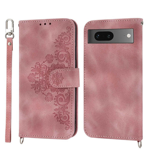 For Google Pixel 7 5G Imprinted Flowers Phone Case Skin-Touch PU Leather Stand Multiple Card Slots Wallet Cover with Wrist Strap and Shoulder Strap - Pink