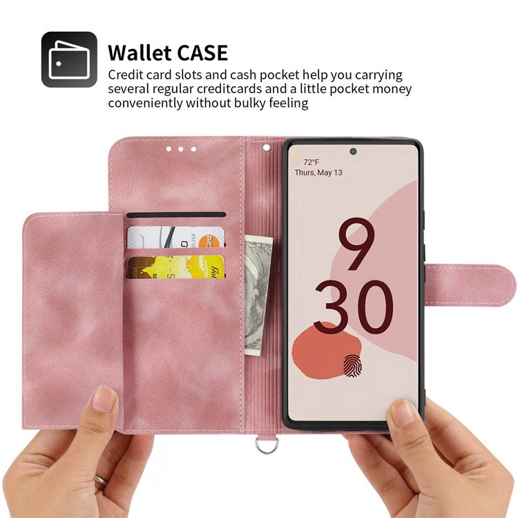 For Google Pixel 7 5G Imprinted Flowers Phone Case Skin-Touch PU Leather Stand Multiple Card Slots Wallet Cover with Wrist Strap and Shoulder Strap - Pink