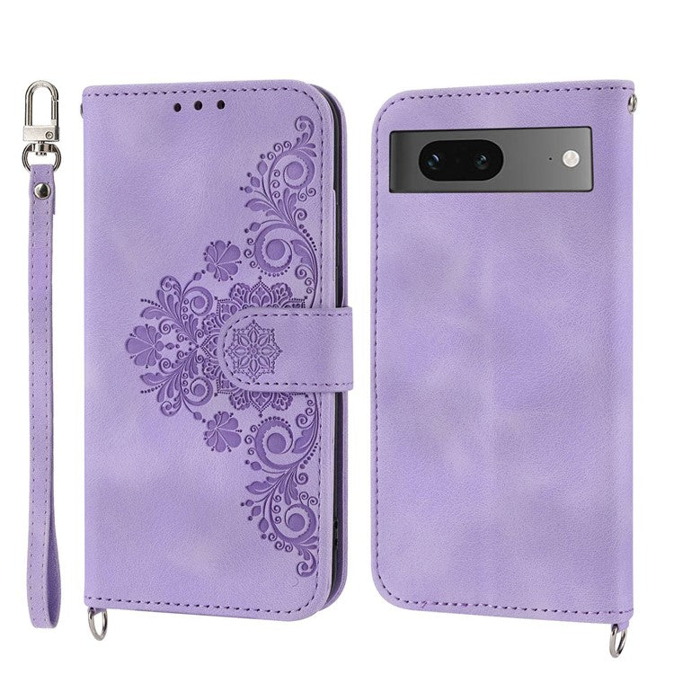 For Google Pixel 7 5G Imprinted Flowers Phone Case Skin-Touch PU Leather Stand Multiple Card Slots Wallet Cover with Wrist Strap and Shoulder Strap - Light Purple