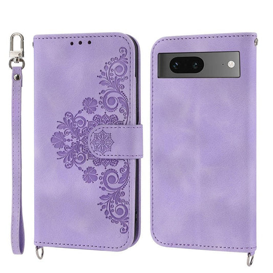 For Google Pixel 7 5G Imprinted Flowers Phone Case Skin-Touch PU Leather Stand Multiple Card Slots Wallet Cover with Wrist Strap and Shoulder Strap - Light Purple