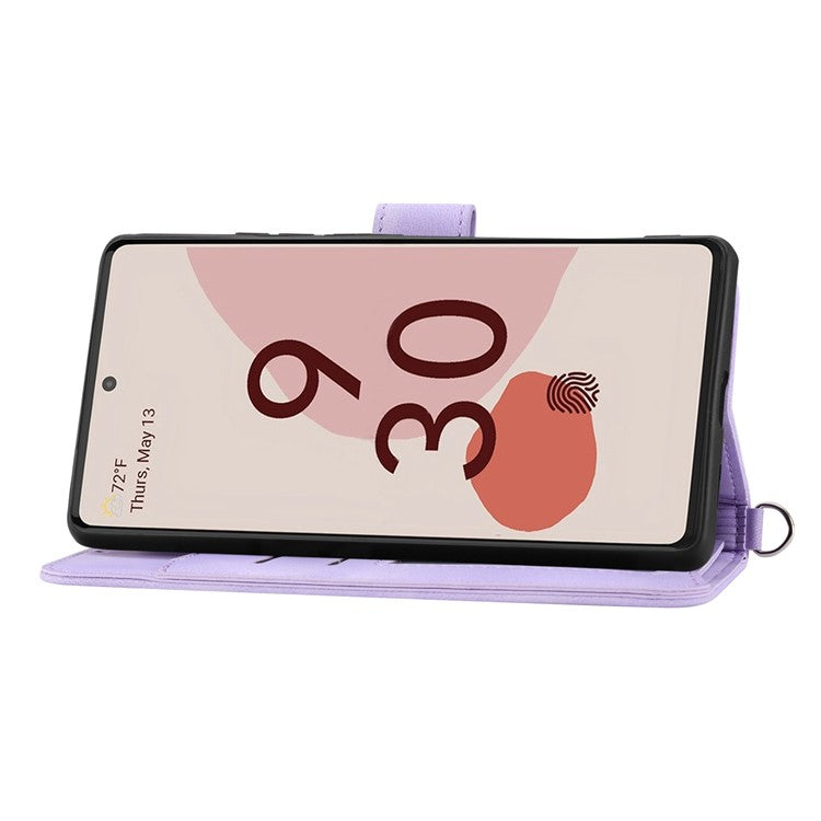 For Google Pixel 7 5G Imprinted Flowers Phone Case Skin-Touch PU Leather Stand Multiple Card Slots Wallet Cover with Wrist Strap and Shoulder Strap - Light Purple