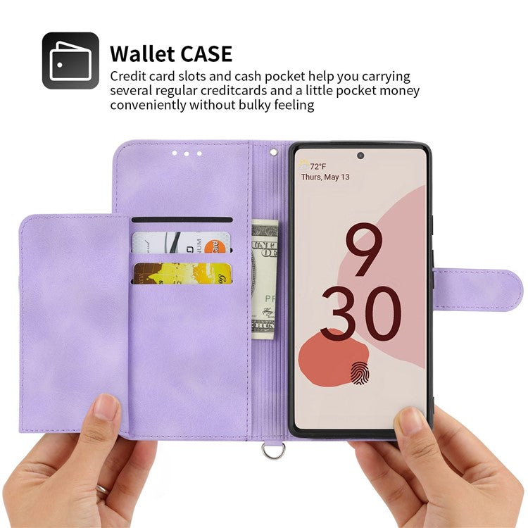 For Google Pixel 7 5G Imprinted Flowers Phone Case Skin-Touch PU Leather Stand Multiple Card Slots Wallet Cover with Wrist Strap and Shoulder Strap - Light Purple
