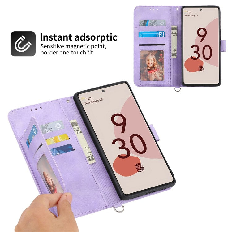 For Google Pixel 7 5G Imprinted Flowers Phone Case Skin-Touch PU Leather Stand Multiple Card Slots Wallet Cover with Wrist Strap and Shoulder Strap - Light Purple