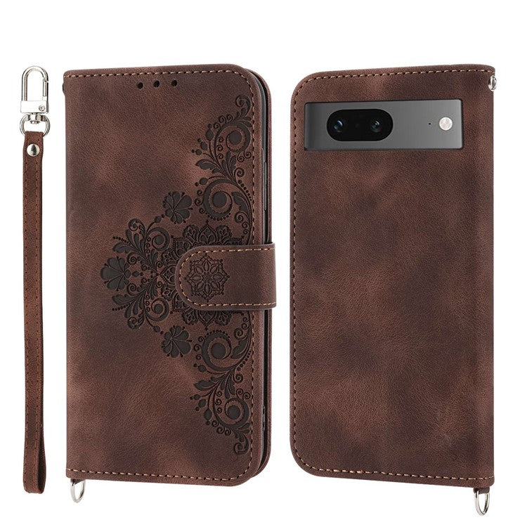 For Google Pixel 7 5G Imprinted Flowers Phone Case Skin-Touch PU Leather Stand Multiple Card Slots Wallet Cover with Wrist Strap and Shoulder Strap - Brown
