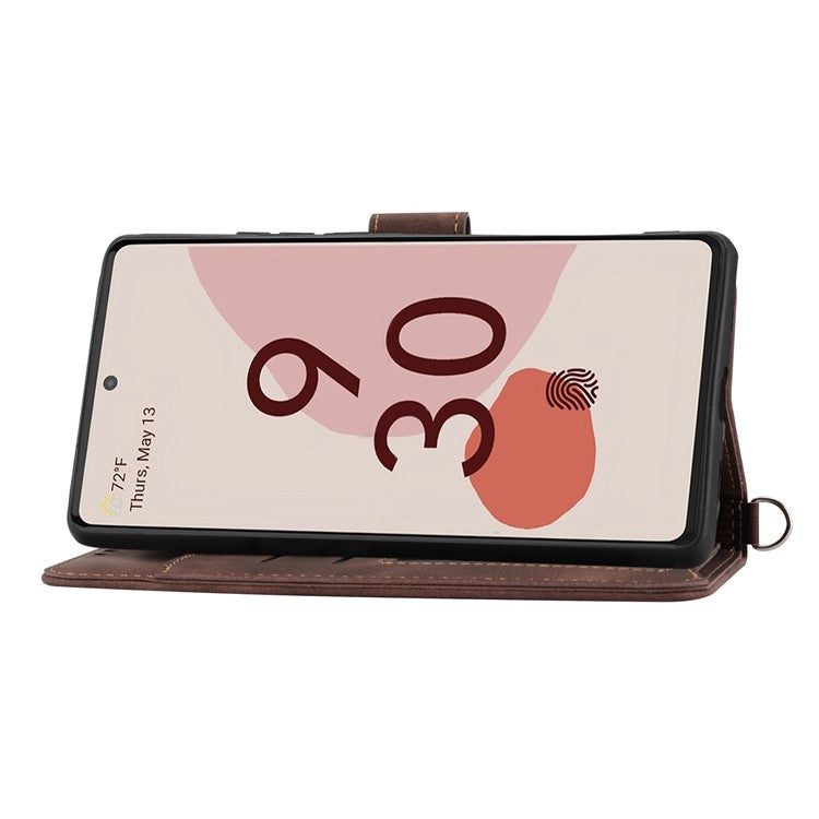 For Google Pixel 7 5G Imprinted Flowers Phone Case Skin-Touch PU Leather Stand Multiple Card Slots Wallet Cover with Wrist Strap and Shoulder Strap - Brown