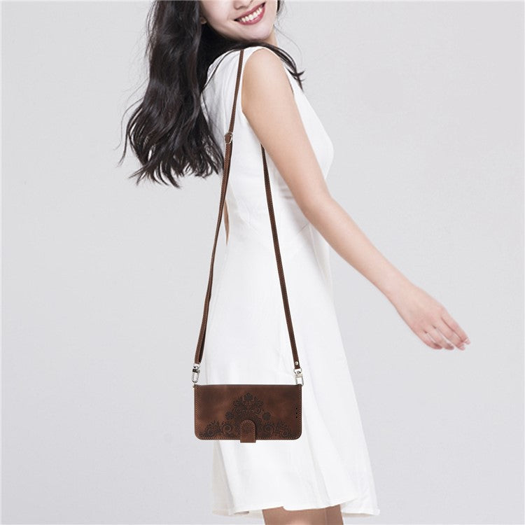 For Google Pixel 7 5G Imprinted Flowers Phone Case Skin-Touch PU Leather Stand Multiple Card Slots Wallet Cover with Wrist Strap and Shoulder Strap - Brown