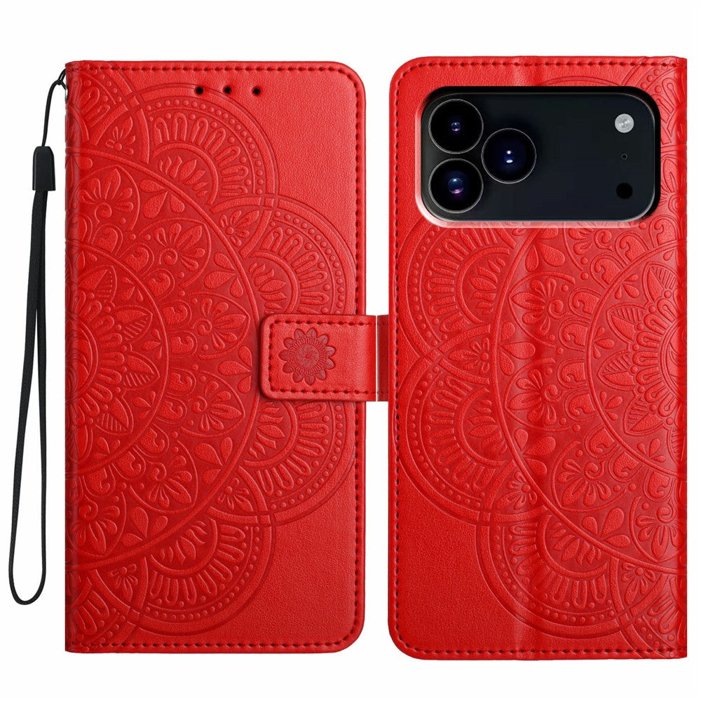 For iPhone 17 Pro Max Leather Case with Card Slots Mandala Pattern Phone Cover Stand - Red