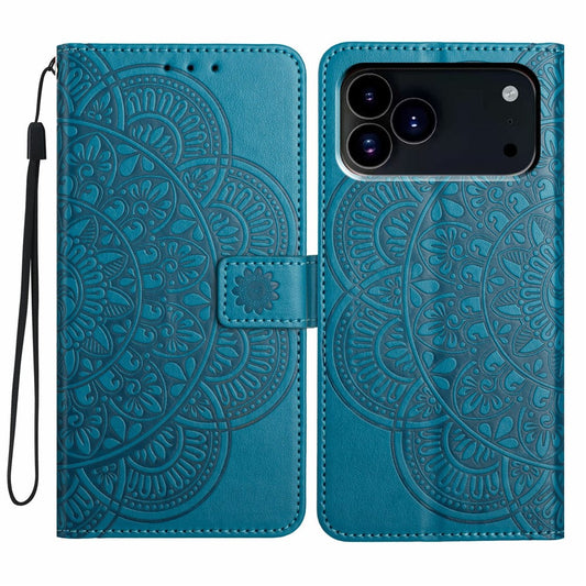 For iPhone 17 Pro Max Leather Case with Card Slots Mandala Pattern Phone Cover Stand - Blue