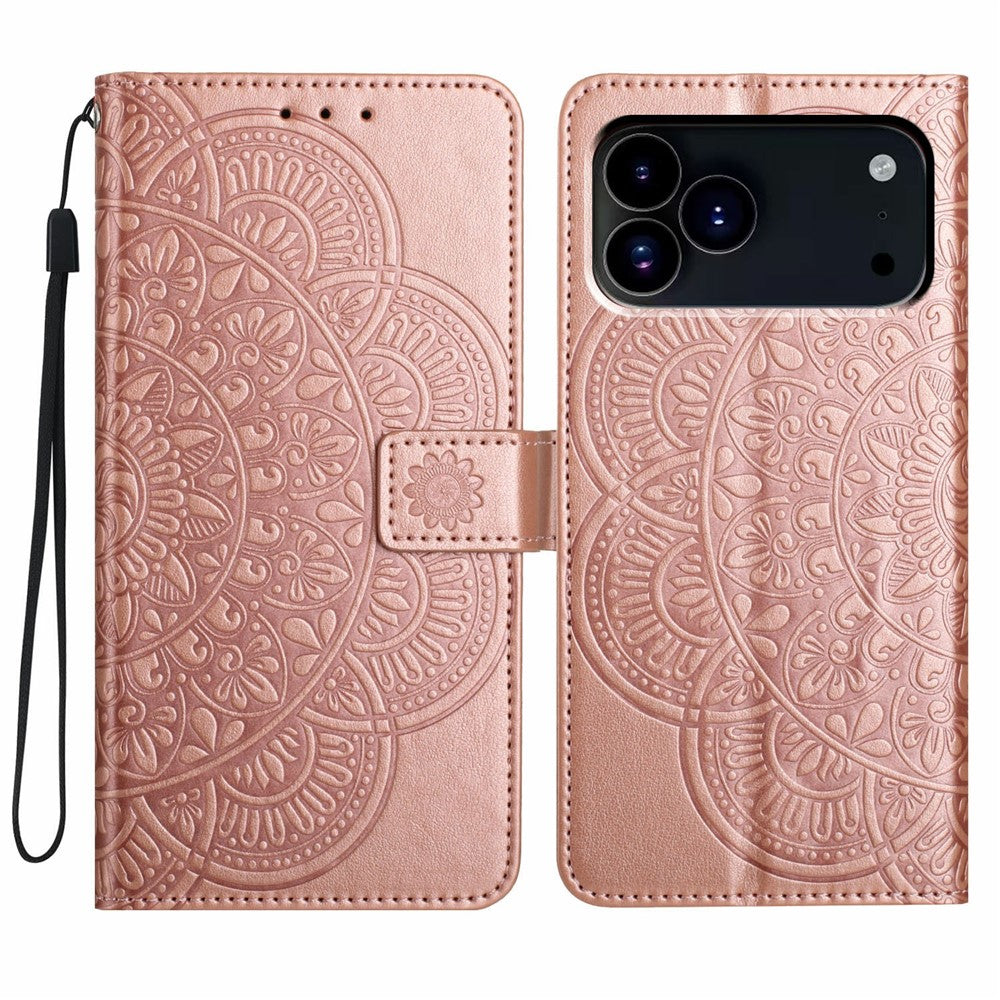 For iPhone 17 Pro Max Leather Case with Card Slots Mandala Pattern Phone Cover Stand - Rose Gold