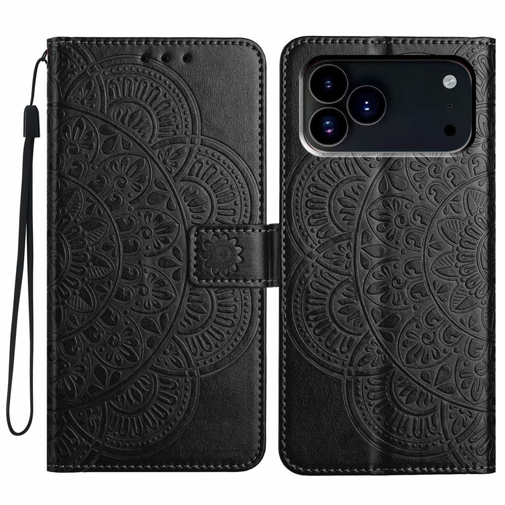 For iPhone 17 Pro Max Leather Case with Card Slots Mandala Pattern Phone Cover Stand - Black