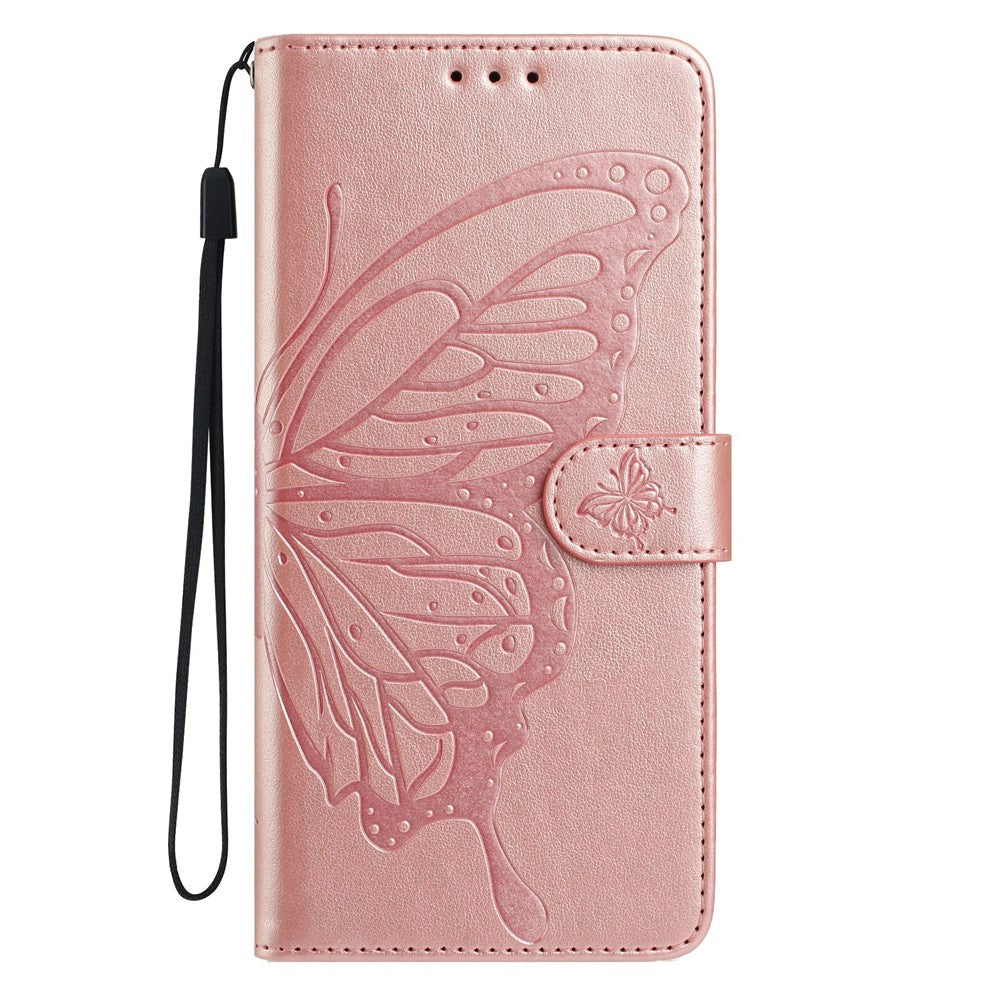 For Oppo Reno14 5G (Global) Case Butterfly Imprinted Wallet Stand PU Leather Flip Phone Cover with Strap - Rose Gold