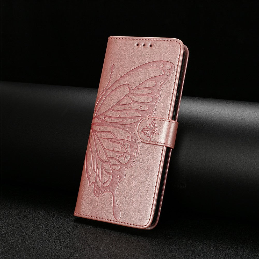 For Oppo Reno14 5G (Global) Case Butterfly Imprinted Wallet Stand PU Leather Flip Phone Cover with Strap - Rose Gold