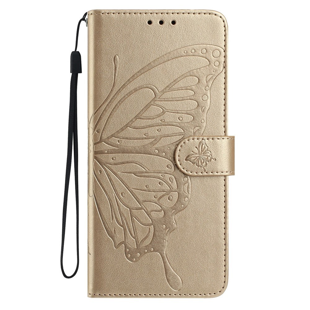 For Oppo Reno14 5G (Global) Case Butterfly Imprinted Wallet Stand PU Leather Flip Phone Cover with Strap - Gold