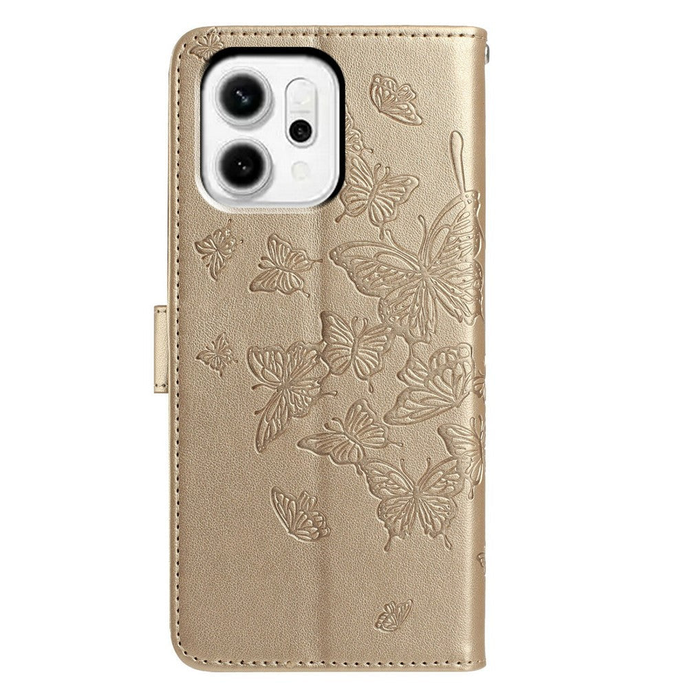 For Oppo Reno14 5G (Global) Case Butterfly Imprinted Wallet Stand PU Leather Flip Phone Cover with Strap - Gold