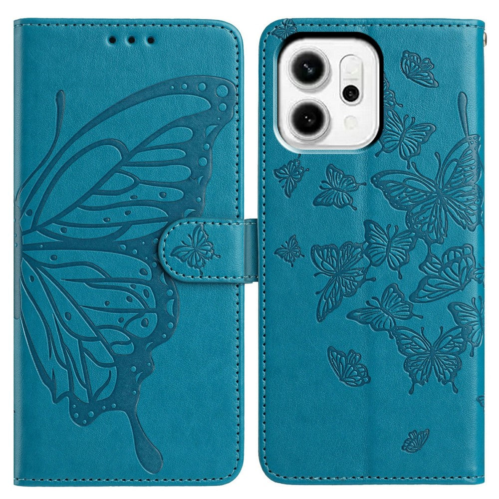 For Oppo Reno14 5G (Global) Case Butterfly Imprinted Wallet Stand PU Leather Flip Phone Cover with Strap - Blue