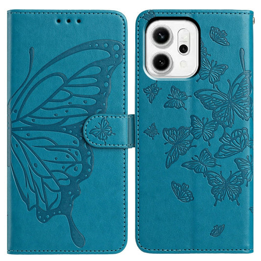 For Oppo Reno14 5G (Global) Case Butterfly Imprinted Wallet Stand PU Leather Flip Phone Cover with Strap - Blue