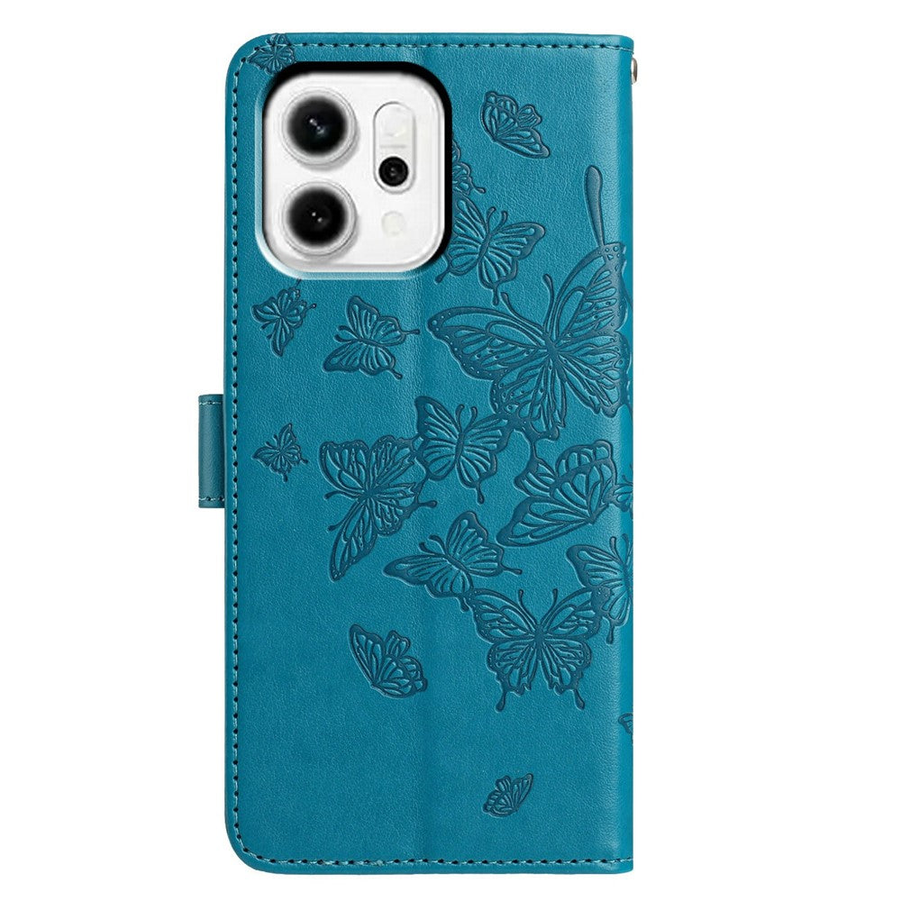 For Oppo Reno14 5G (Global) Case Butterfly Imprinted Wallet Stand PU Leather Flip Phone Cover with Strap - Blue