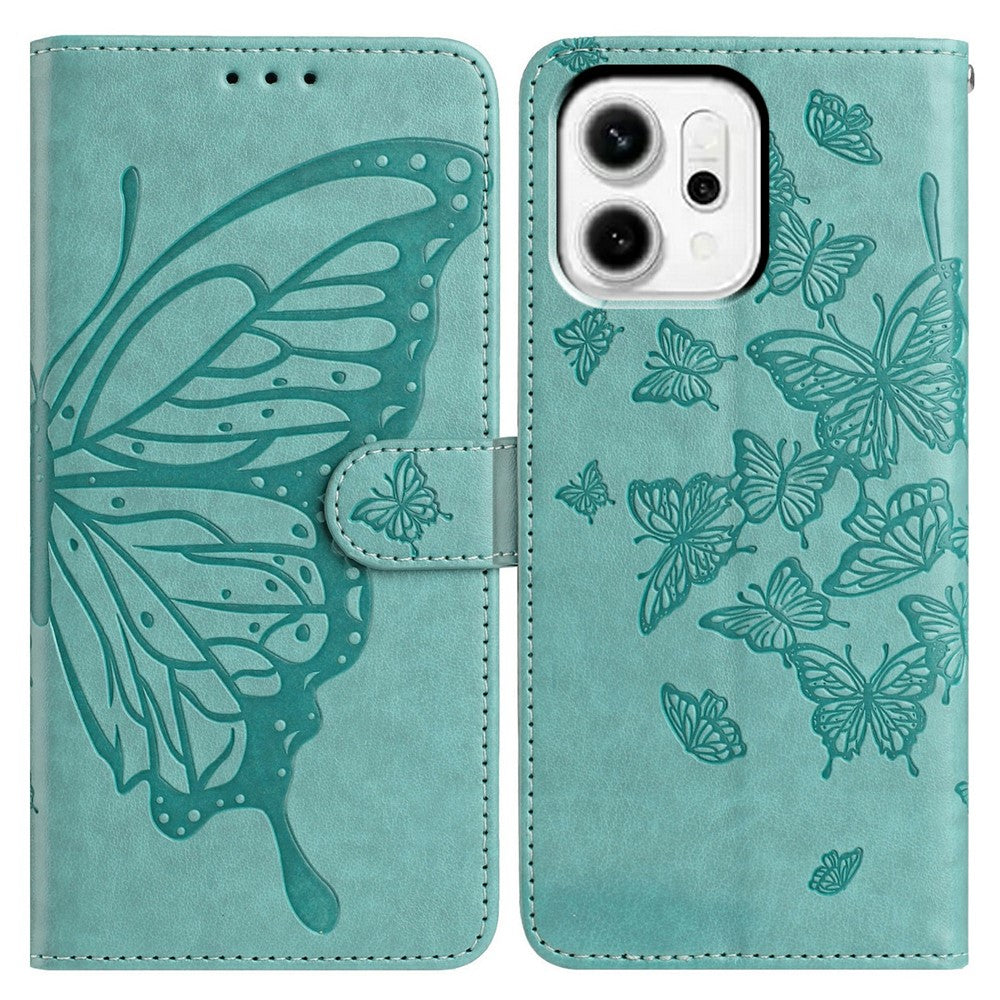 For Oppo Reno14 5G (Global) Case Butterfly Imprinted Wallet Stand PU Leather Flip Phone Cover with Strap - Green