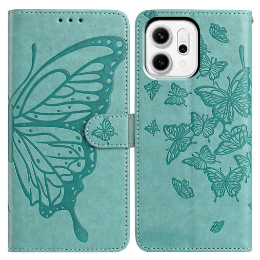 For Oppo Reno14 5G (Global) Case Butterfly Imprinted Wallet Stand PU Leather Flip Phone Cover with Strap - Green