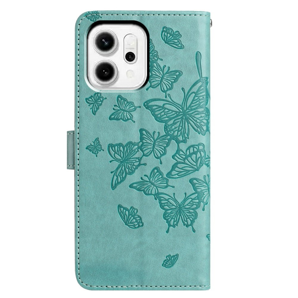 For Oppo Reno14 5G (Global) Case Butterfly Imprinted Wallet Stand PU Leather Flip Phone Cover with Strap - Green