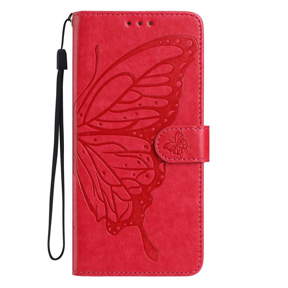 For Oppo Reno14 5G (Global) Case Butterfly Imprinted Wallet Stand PU Leather Flip Phone Cover with Strap - Red
