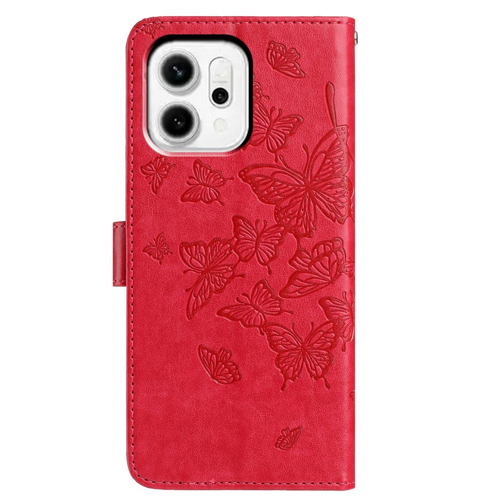 For Oppo Reno14 5G (Global) Case Butterfly Imprinted Wallet Stand PU Leather Flip Phone Cover with Strap - Red
