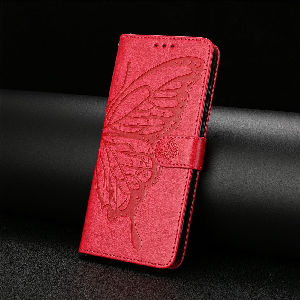For Oppo Reno14 5G (Global) Case Butterfly Imprinted Wallet Stand PU Leather Flip Phone Cover with Strap - Red