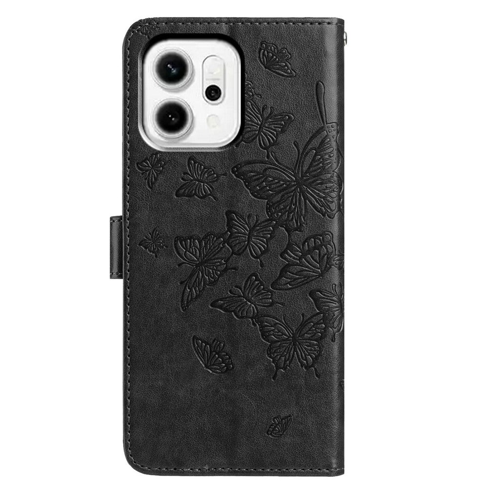 For Oppo Reno14 5G (Global) Case Butterfly Imprinted Wallet Stand PU Leather Flip Phone Cover with Strap - Black