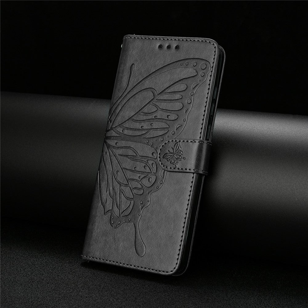 For Oppo Reno14 5G (Global) Case Butterfly Imprinted Wallet Stand PU Leather Flip Phone Cover with Strap - Black