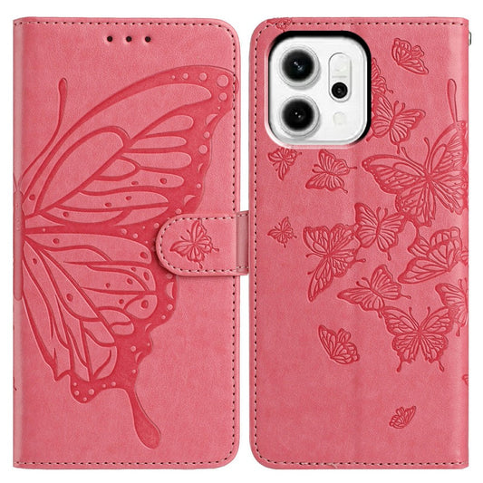 For Oppo Reno14 5G (Global) Case Butterfly Imprinted Wallet Stand PU Leather Flip Phone Cover with Strap - Rose