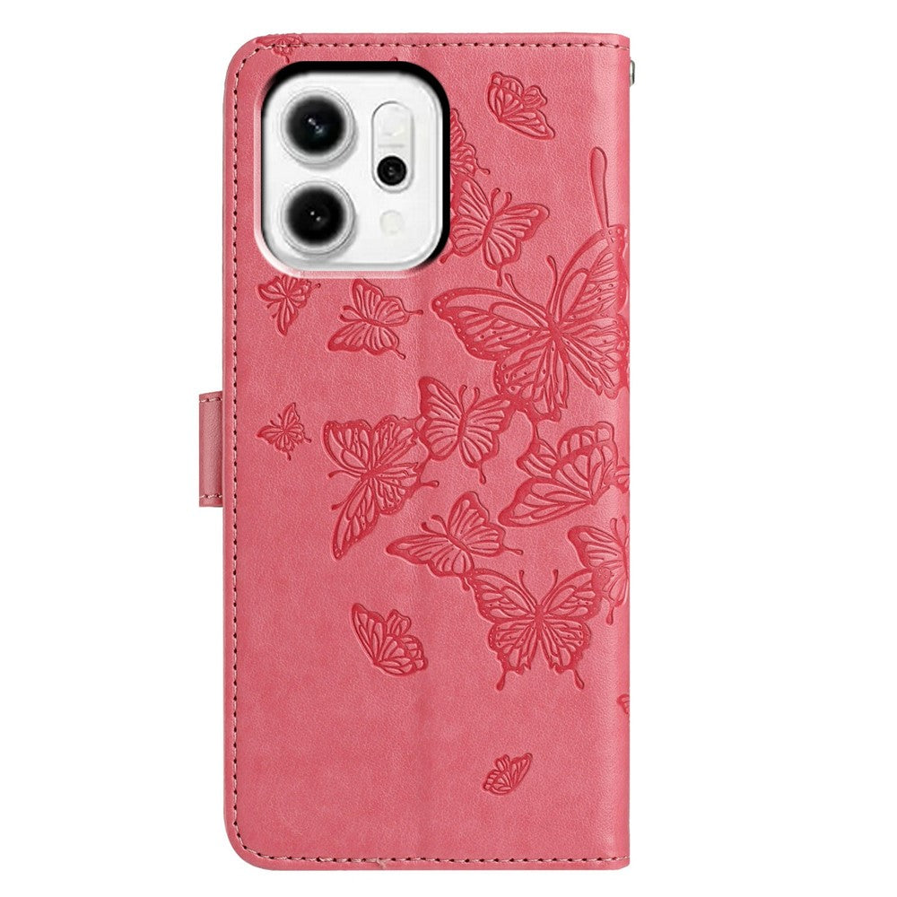 For Oppo Reno14 5G (Global) Case Butterfly Imprinted Wallet Stand PU Leather Flip Phone Cover with Strap - Rose