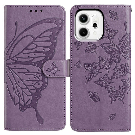 For Oppo Reno14 5G (Global) Case Butterfly Imprinted Wallet Stand PU Leather Flip Phone Cover with Strap - Purple