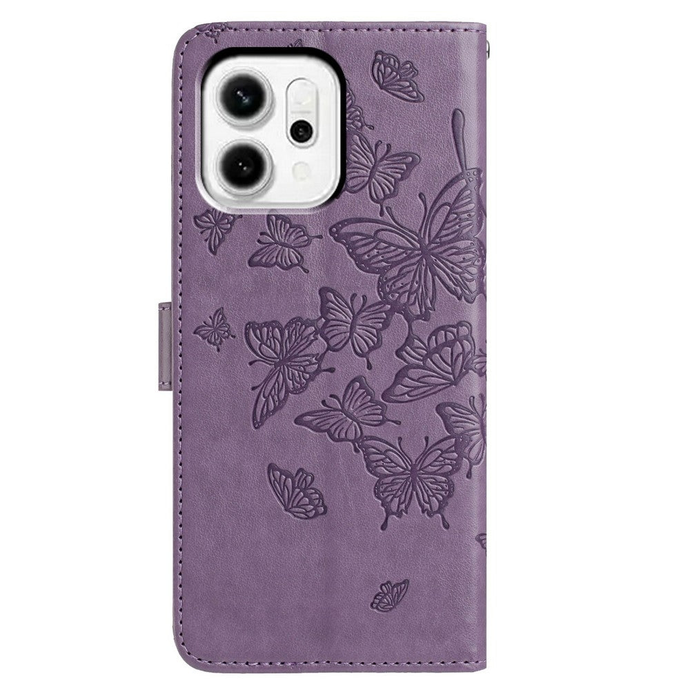 For Oppo Reno14 5G (Global) Case Butterfly Imprinted Wallet Stand PU Leather Flip Phone Cover with Strap - Purple