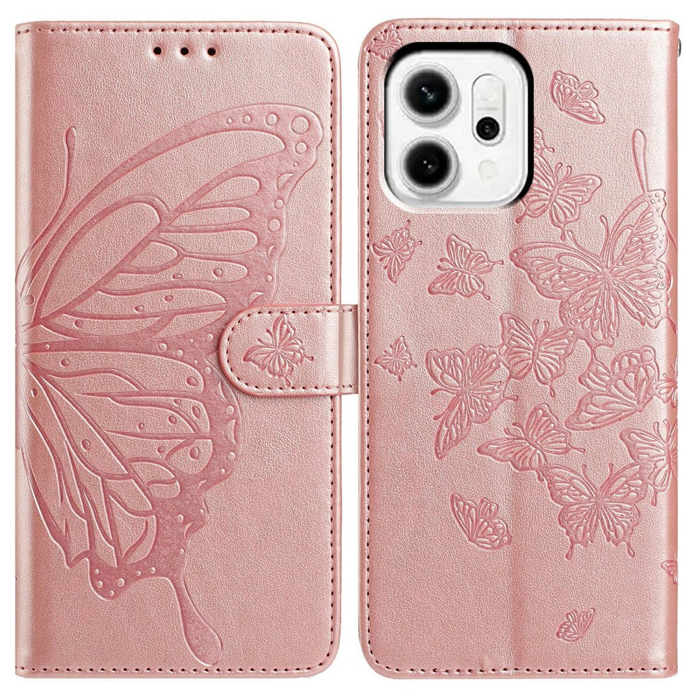 For Oppo Reno14 Pro 5G (Global) Case Butterfly Imprinted Wallet Stand PU Leather Flip Phone Cover with Strap - Rose Gold