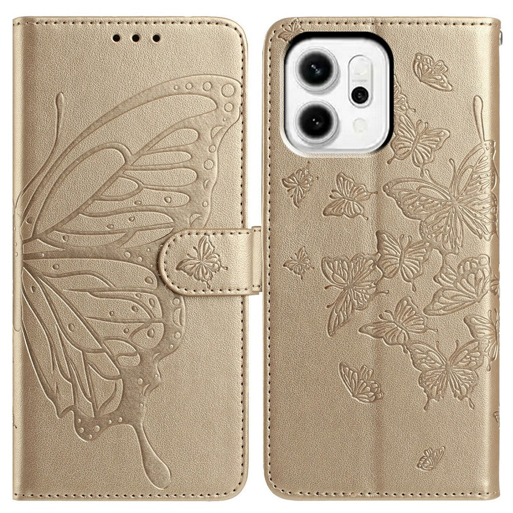 For Oppo Reno14 Pro 5G (Global) Case Butterfly Imprinted Wallet Stand PU Leather Flip Phone Cover with Strap - Gold
