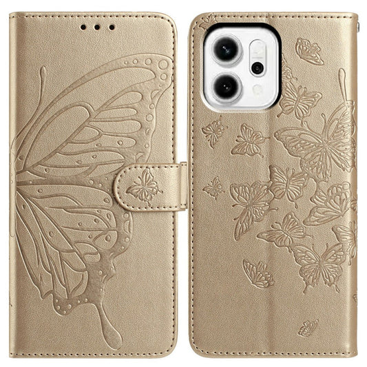 For Oppo Reno14 Pro 5G (Global) Case Butterfly Imprinted Wallet Stand PU Leather Flip Phone Cover with Strap - Gold