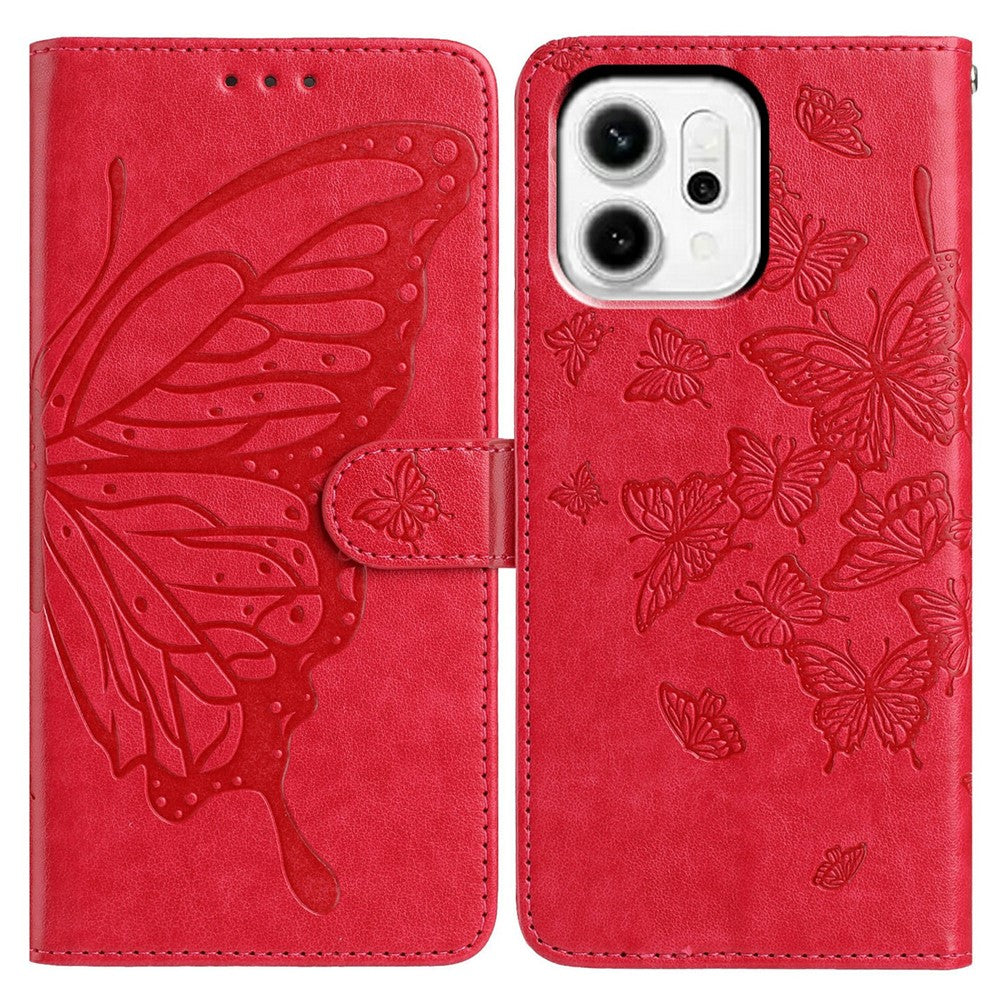 For Oppo Reno14 Pro 5G (Global) Case Butterfly Imprinted Wallet Stand PU Leather Flip Phone Cover with Strap - Red