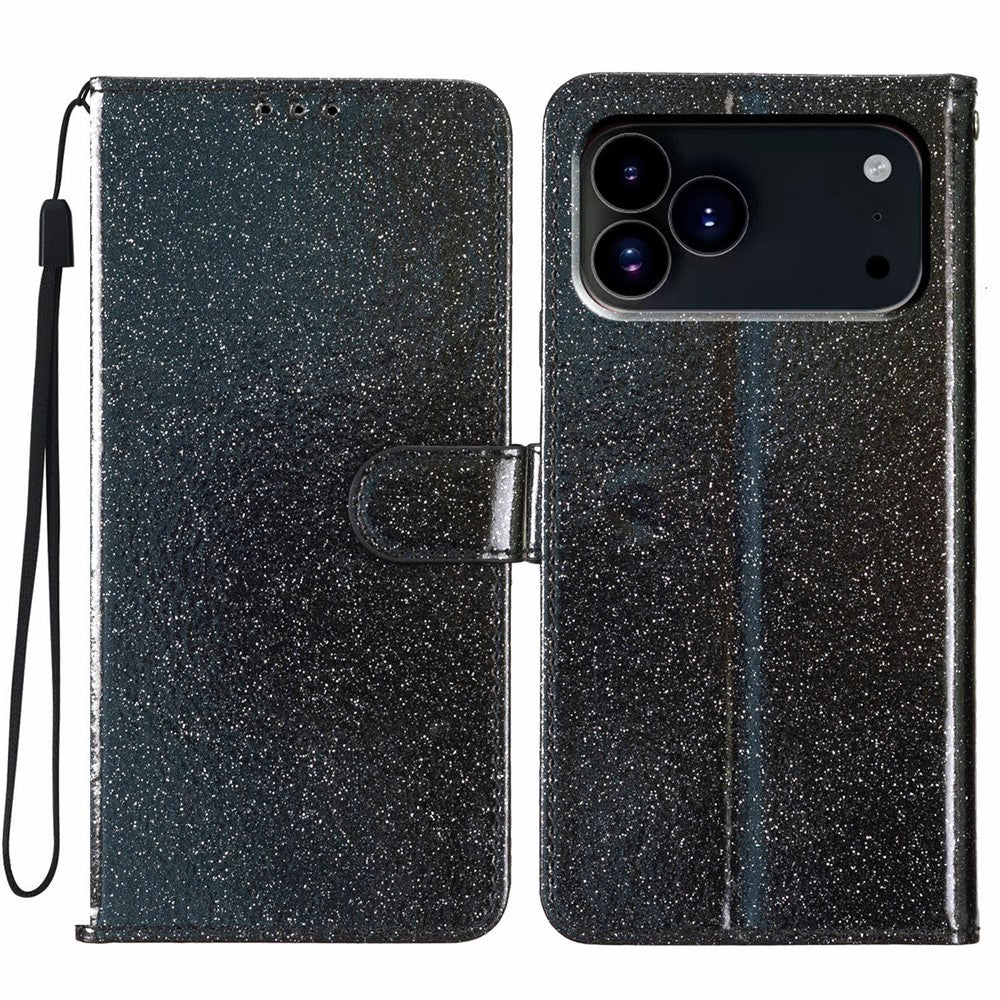 For iPhone 17 Pro Max Wallet Case Glitter Anti-Scratch Leather Stand Phone Cover with Strap - Black