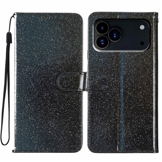 For iPhone 17 Pro Max Wallet Case Glitter Anti-Scratch Leather Stand Phone Cover with Strap - Black